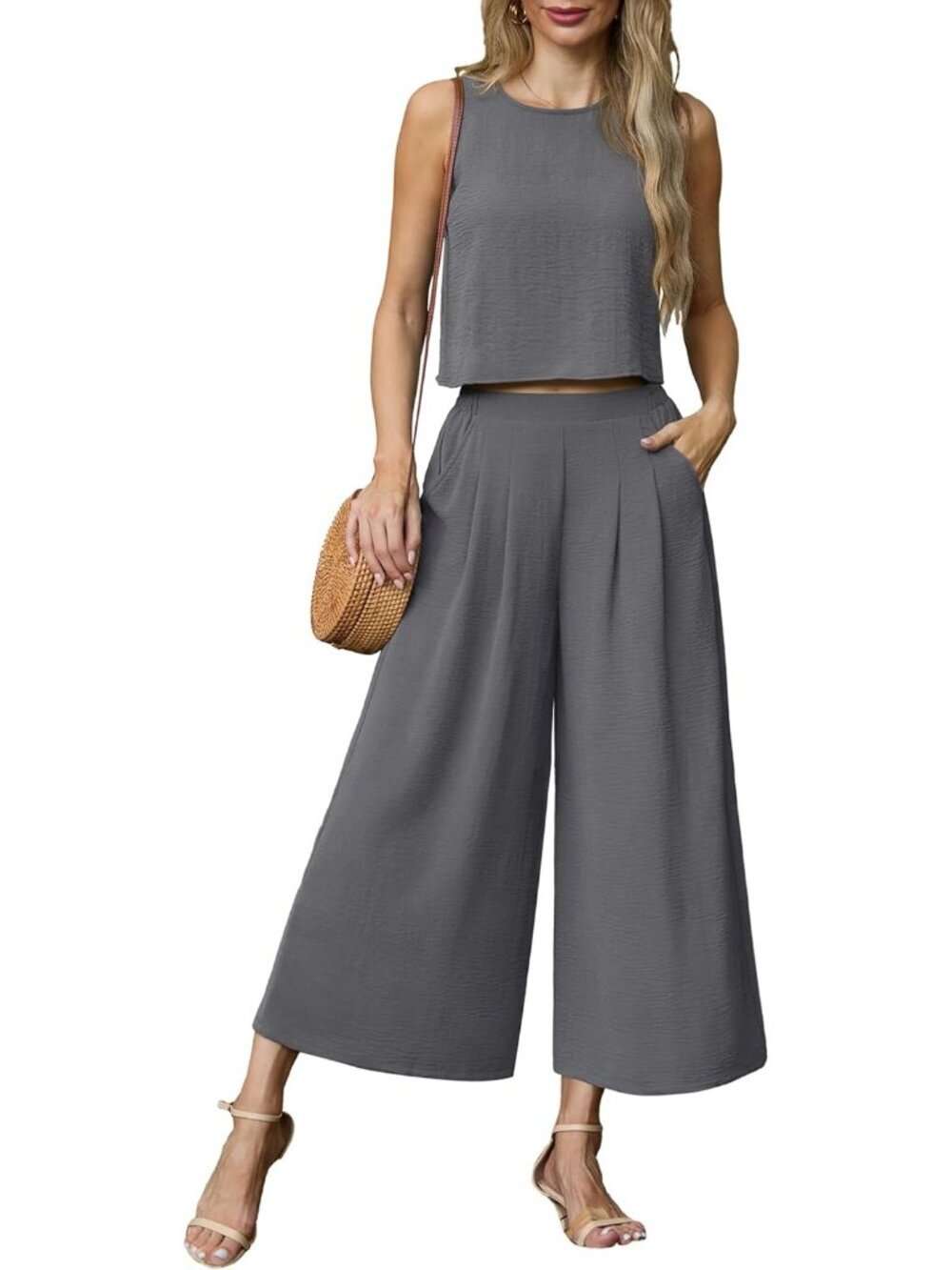 Women's Grey Summer 2 Piece Outfits Sleeveless Crop Top Flowy Wide Leg Pants